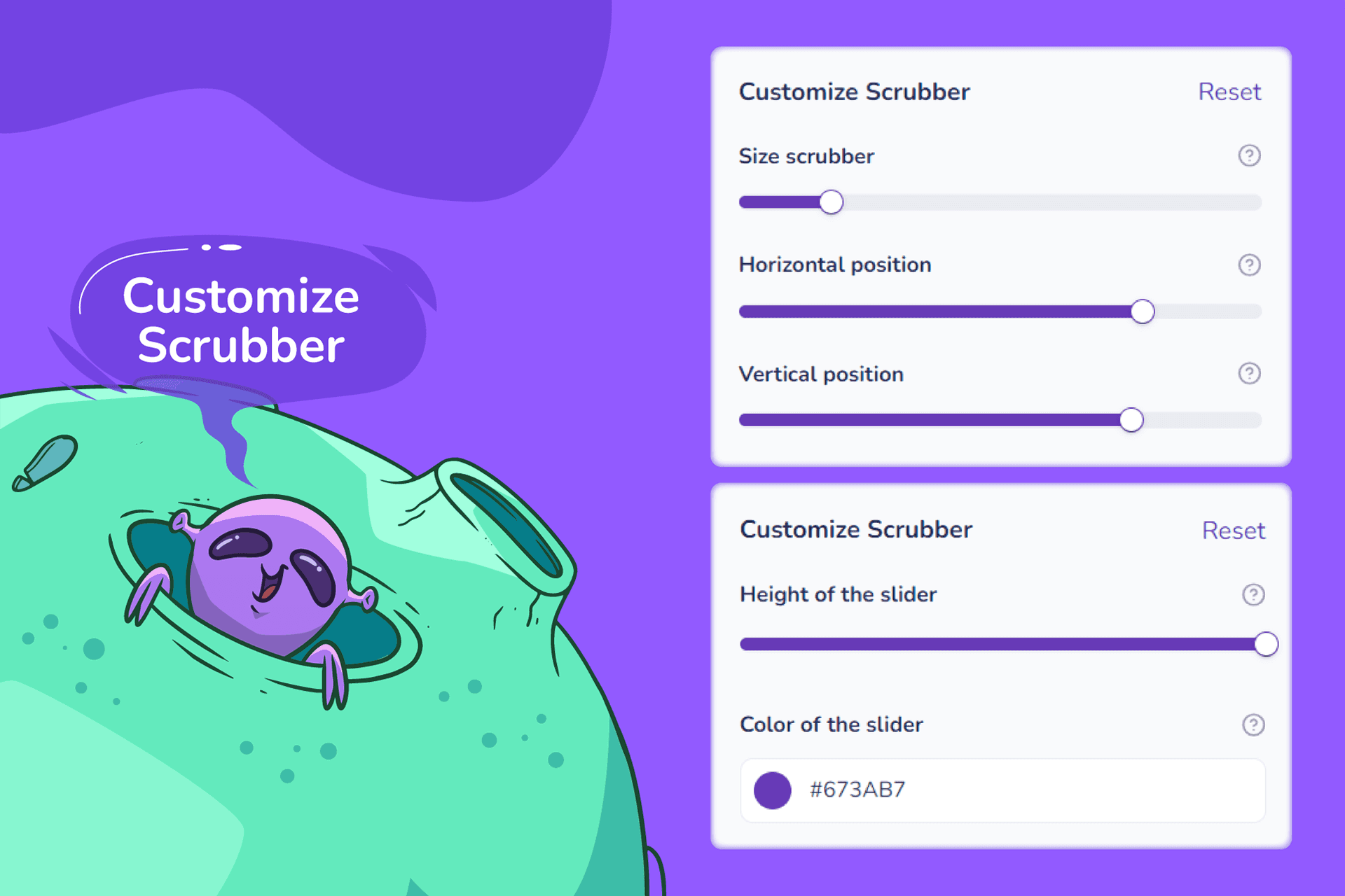 Panneau des paramètres du curseur : taille, position, hauteur, couleur/dégradé et animation