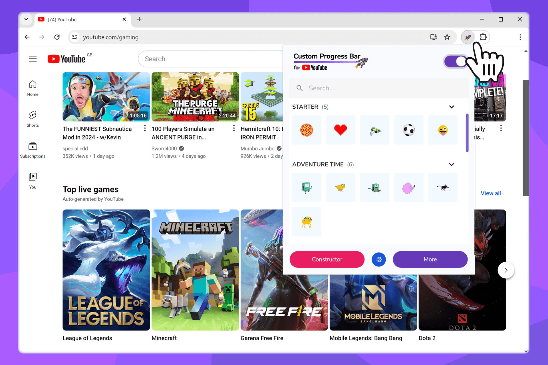 Ventana emergente del navegador de Custom Progress Bar para YouTube con una lista de estilos