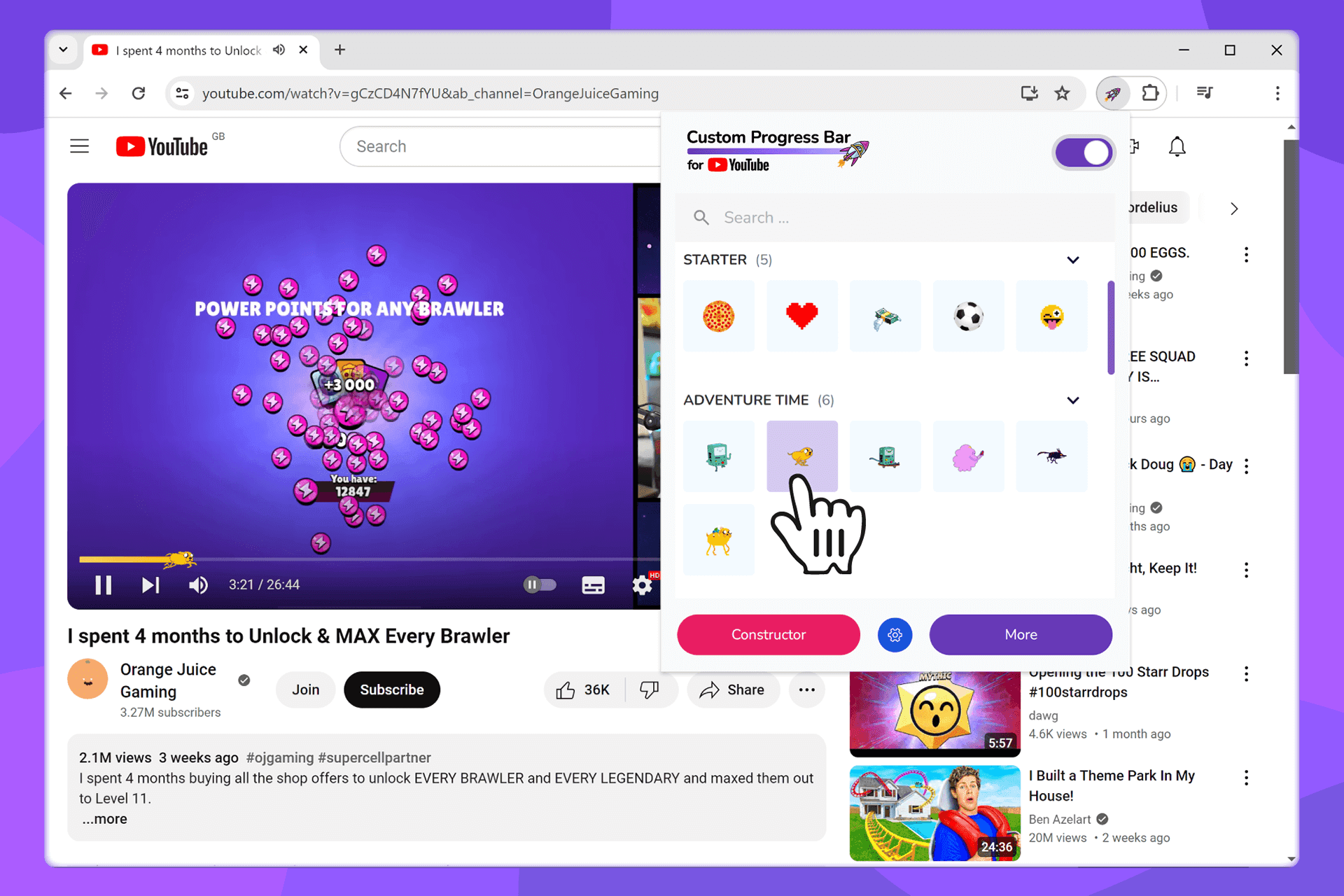 Eligiendo y aplicando un estilo de barra de progreso en la ventana emergente de Custom Progress Bar para YouTube