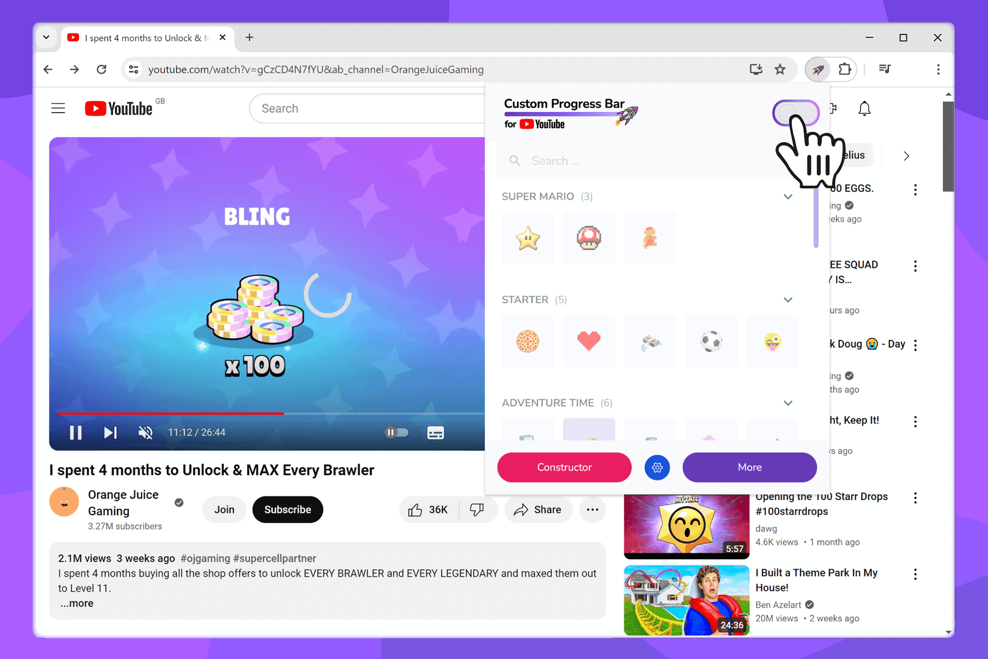 Interruptor ON/OFF en el menú de Custom Progress Bar para YouTube