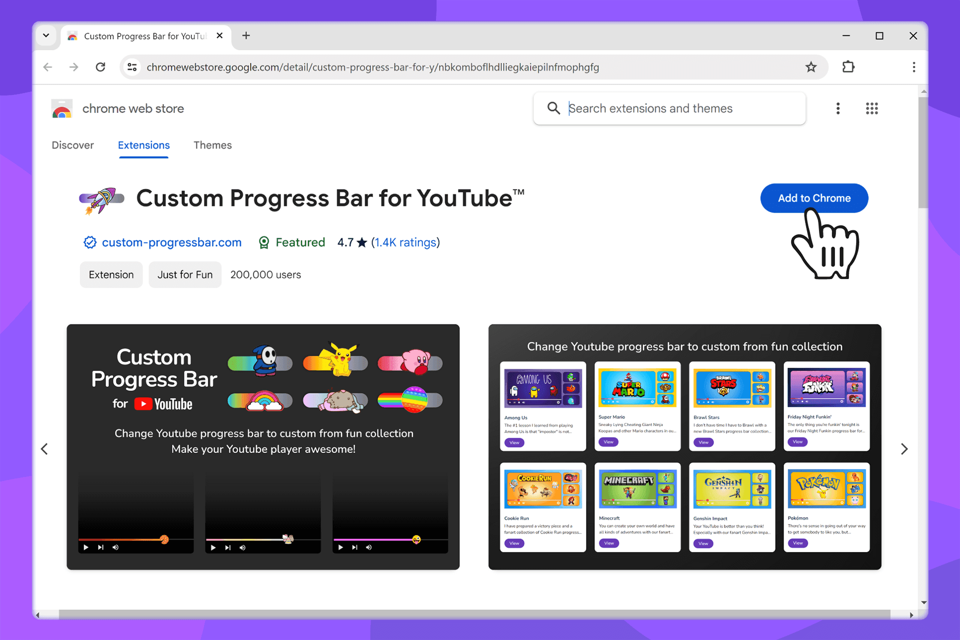 Page de Custom Progress Bar pour YouTube dans le Chrome Web Store (Thème YouTube, YouTube Customize)
