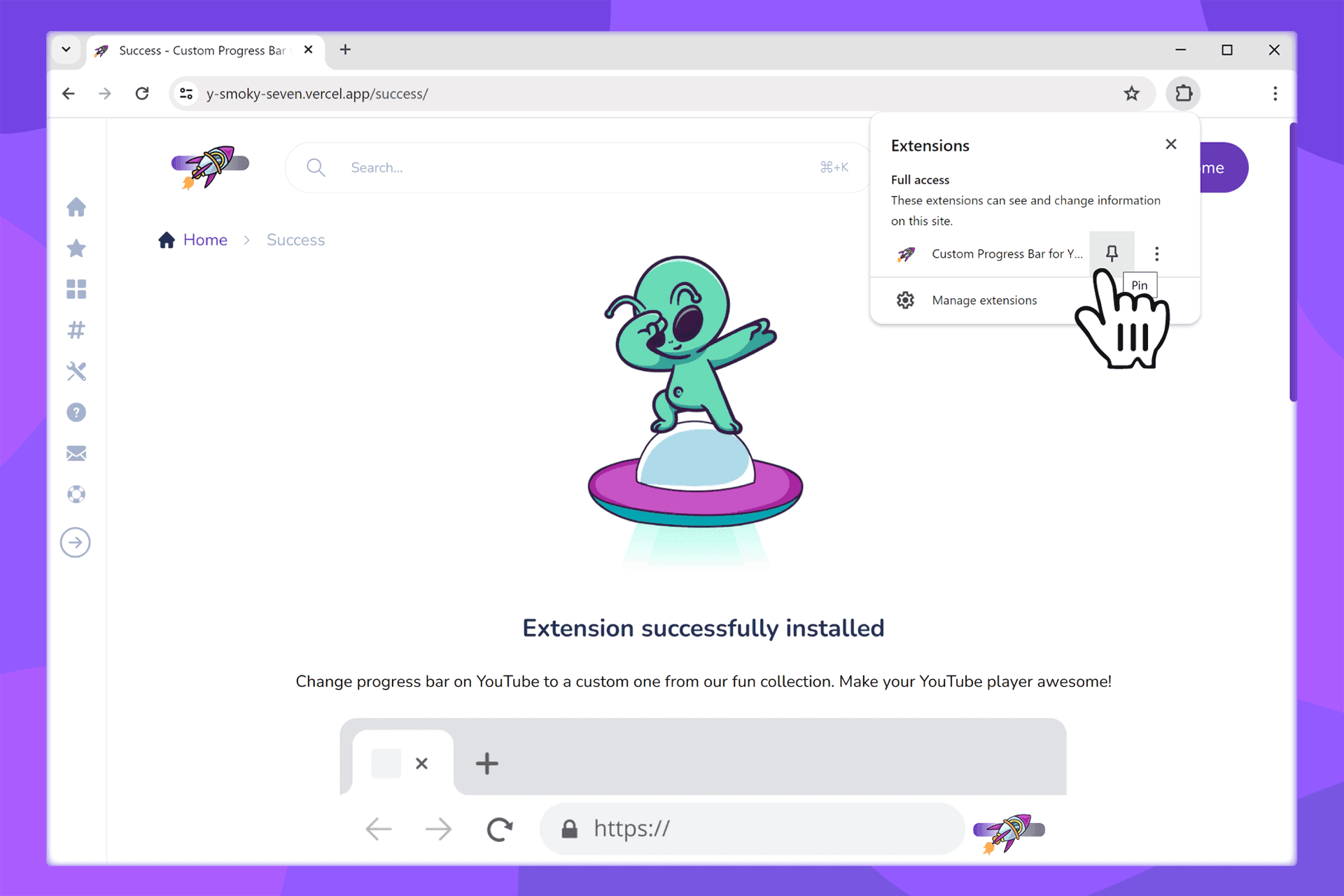 Comment épingler l'icône de Custom Progress Bar pour YouTube à la barre d'outils du navigateur
