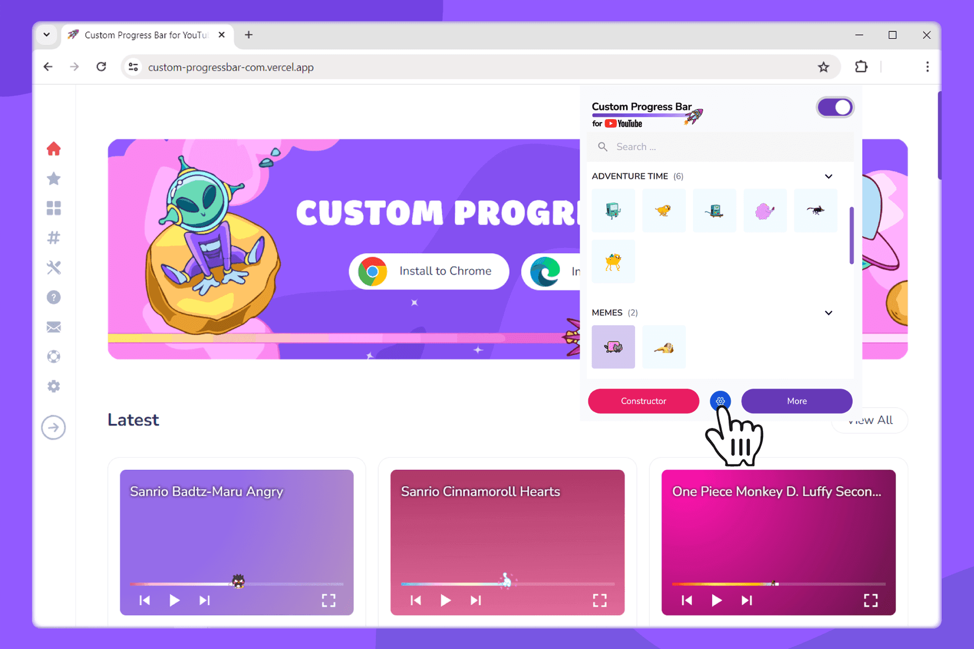 Botón de configuración en la ventana emergente de Custom Progress Bar para YouTube