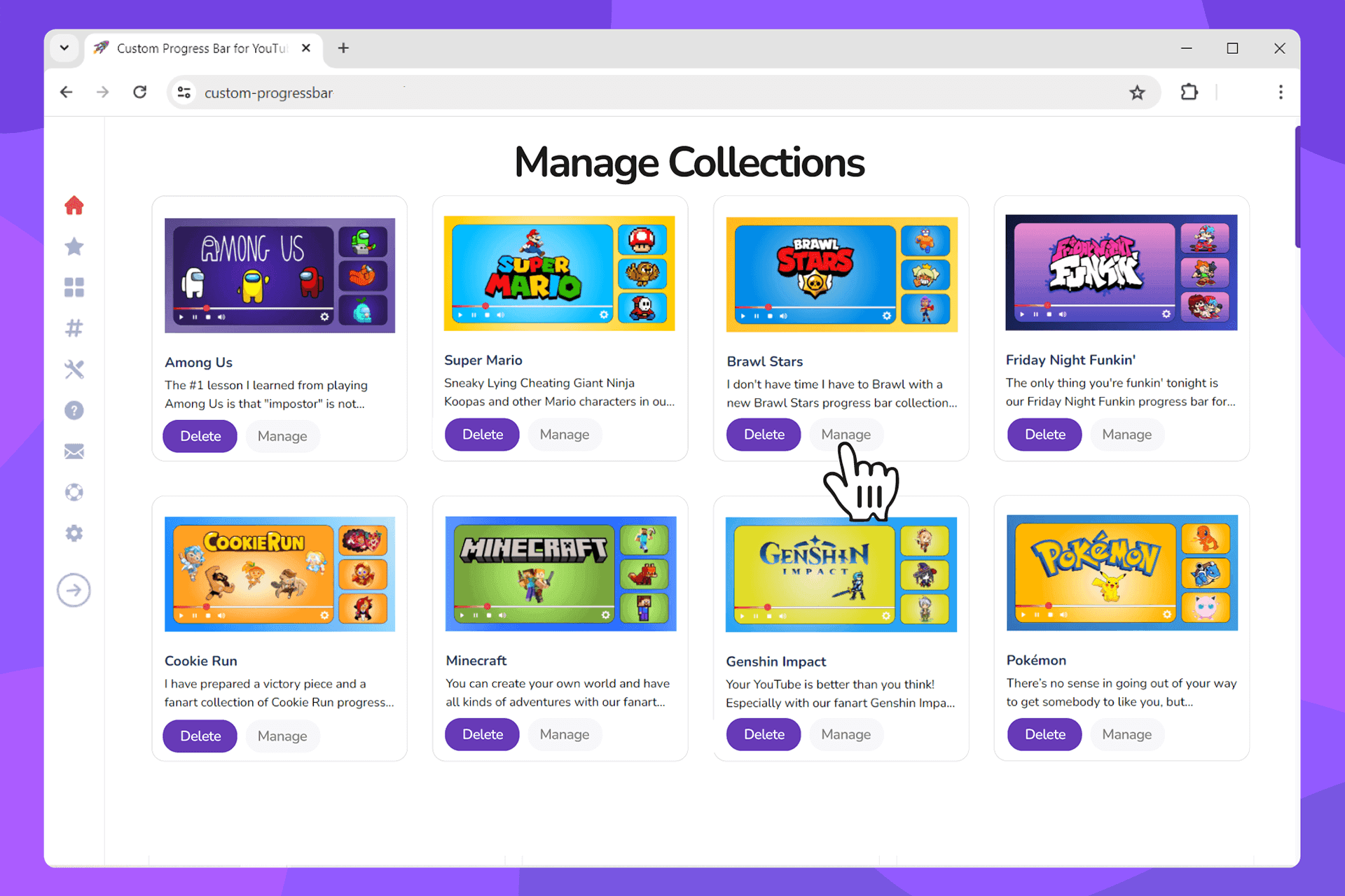 Botón GESTIONAR en la lista de colecciones de Custom Progress Bar