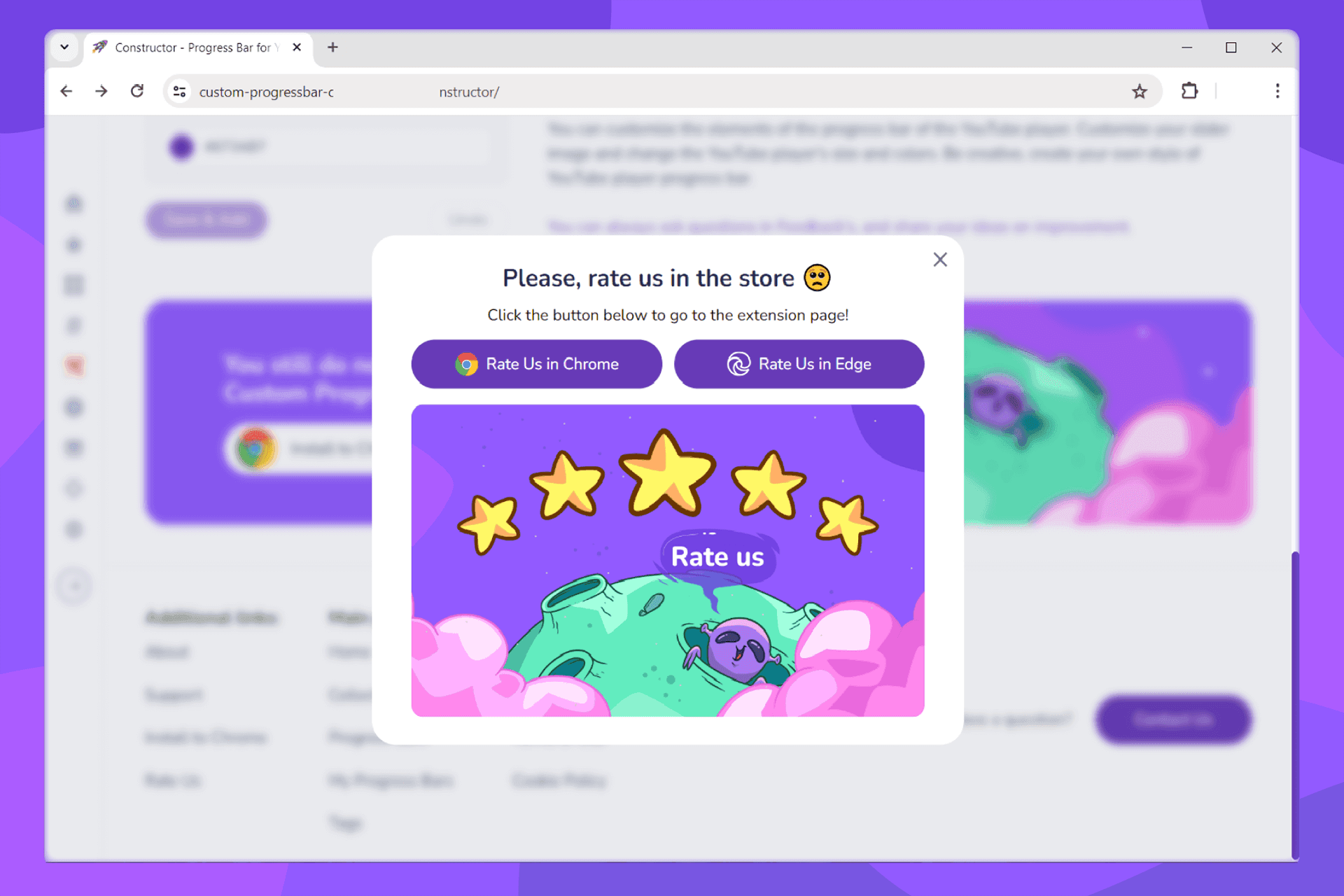 Fenêtre contextuelle vous invitant à évaluer l'extension dans le Chrome Web Store / modules complémentaires Edge
