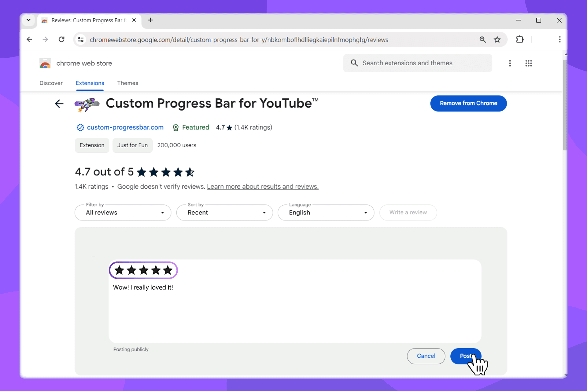 Exemple de rédaction d'un avis pour l'extension Custom Progress Bar pour YouTube