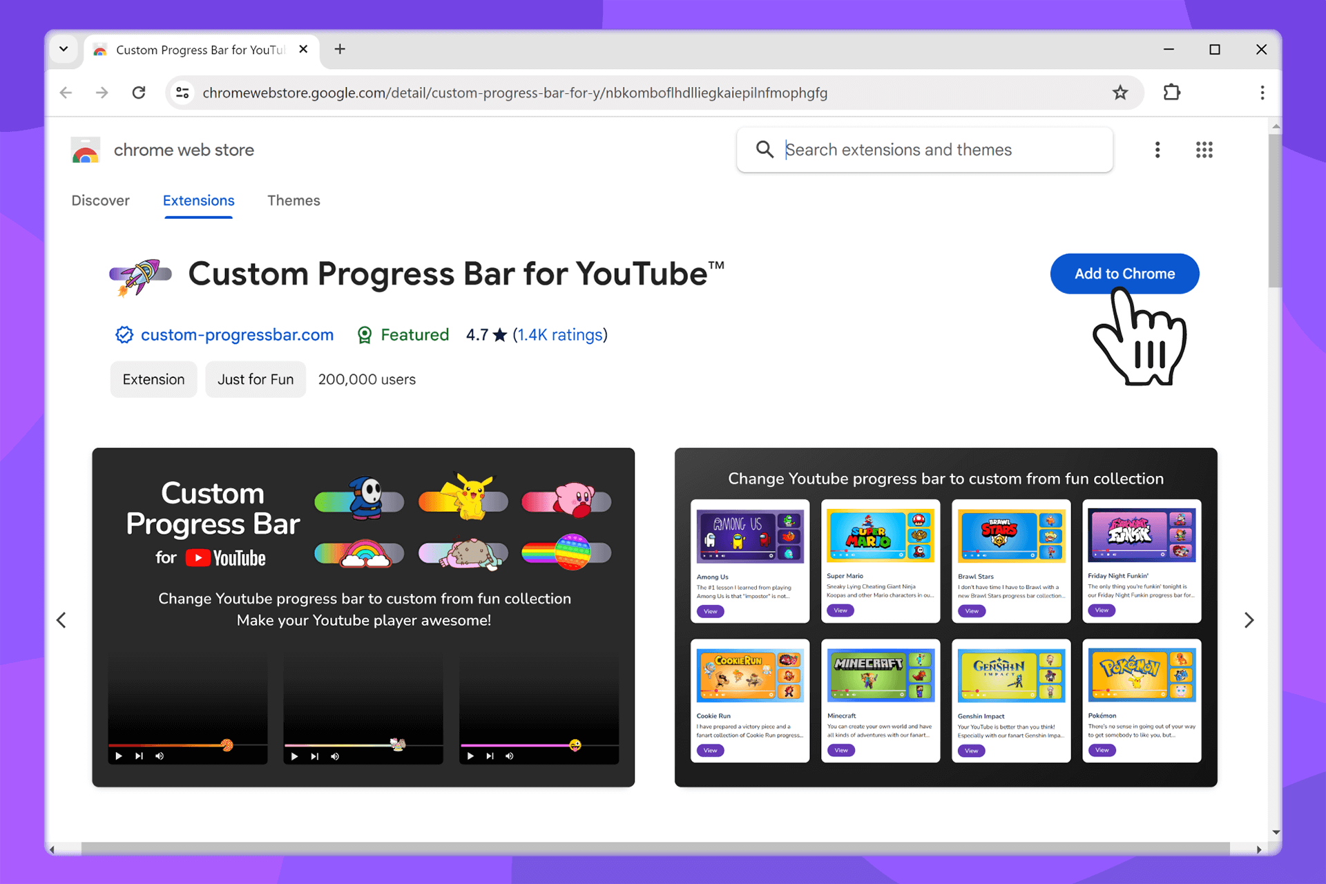 Página de Custom Progress Bar para YouTube en la Chrome Web Store (Tema de YouTube, YouTube Customize) - 1 - custom-progressbar.com