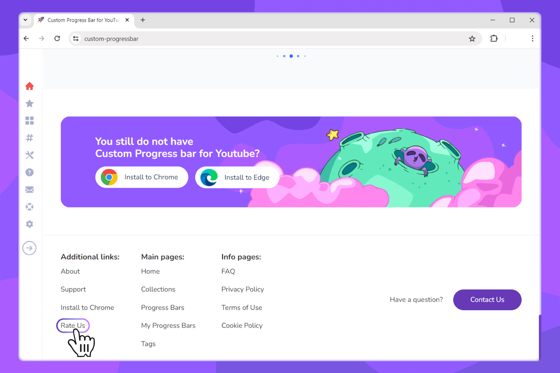 Trouvez le bouton « Évaluez-nous ! » pour Custom Progress Bar pour YouTube dans le magasin - 1 - custom-progressbar.com
